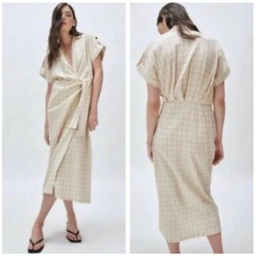 Zara Cotton Checkered Knotted Wrap Midi Dress S